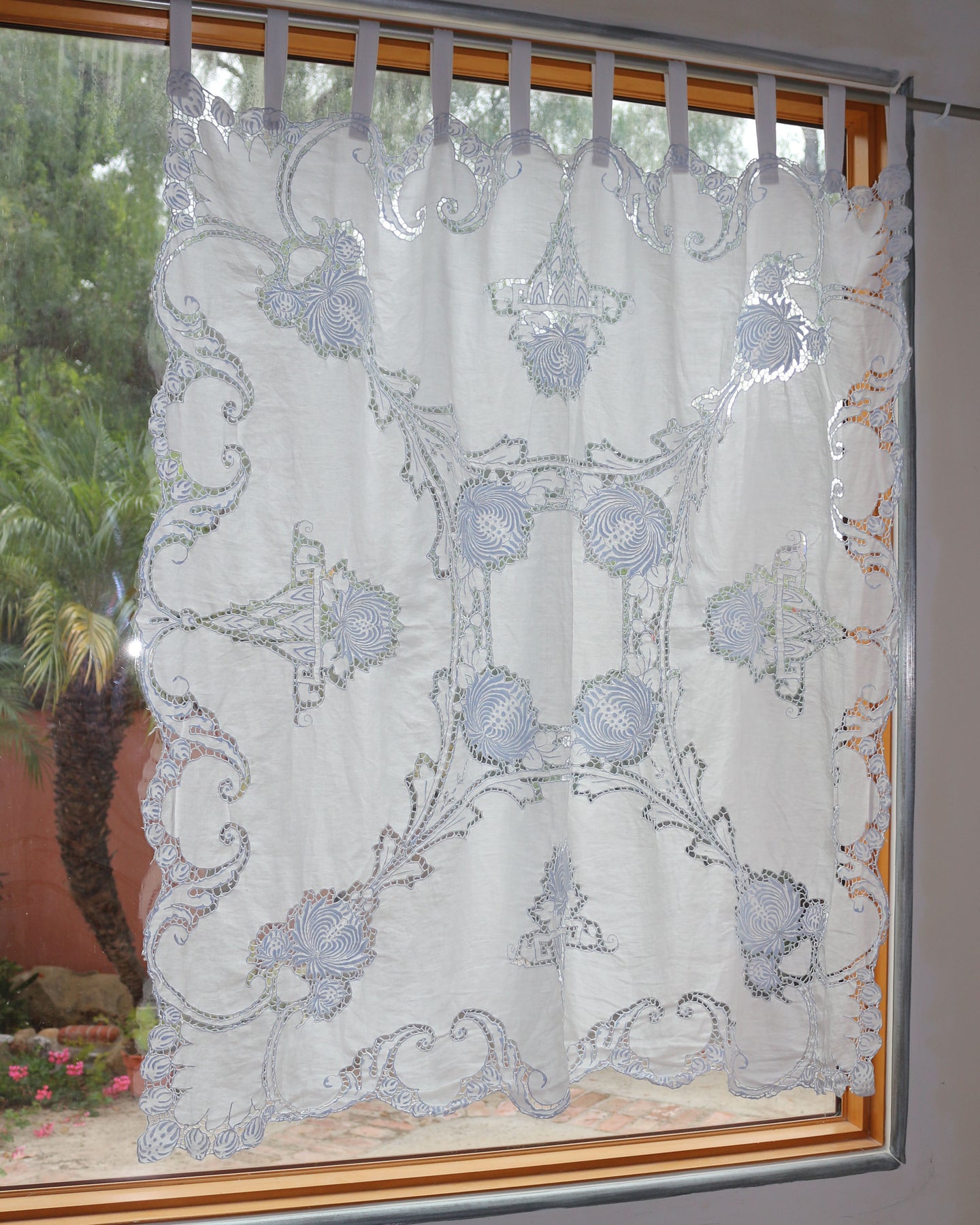 Window Panel- Repurposed from Vintage tablecloth.