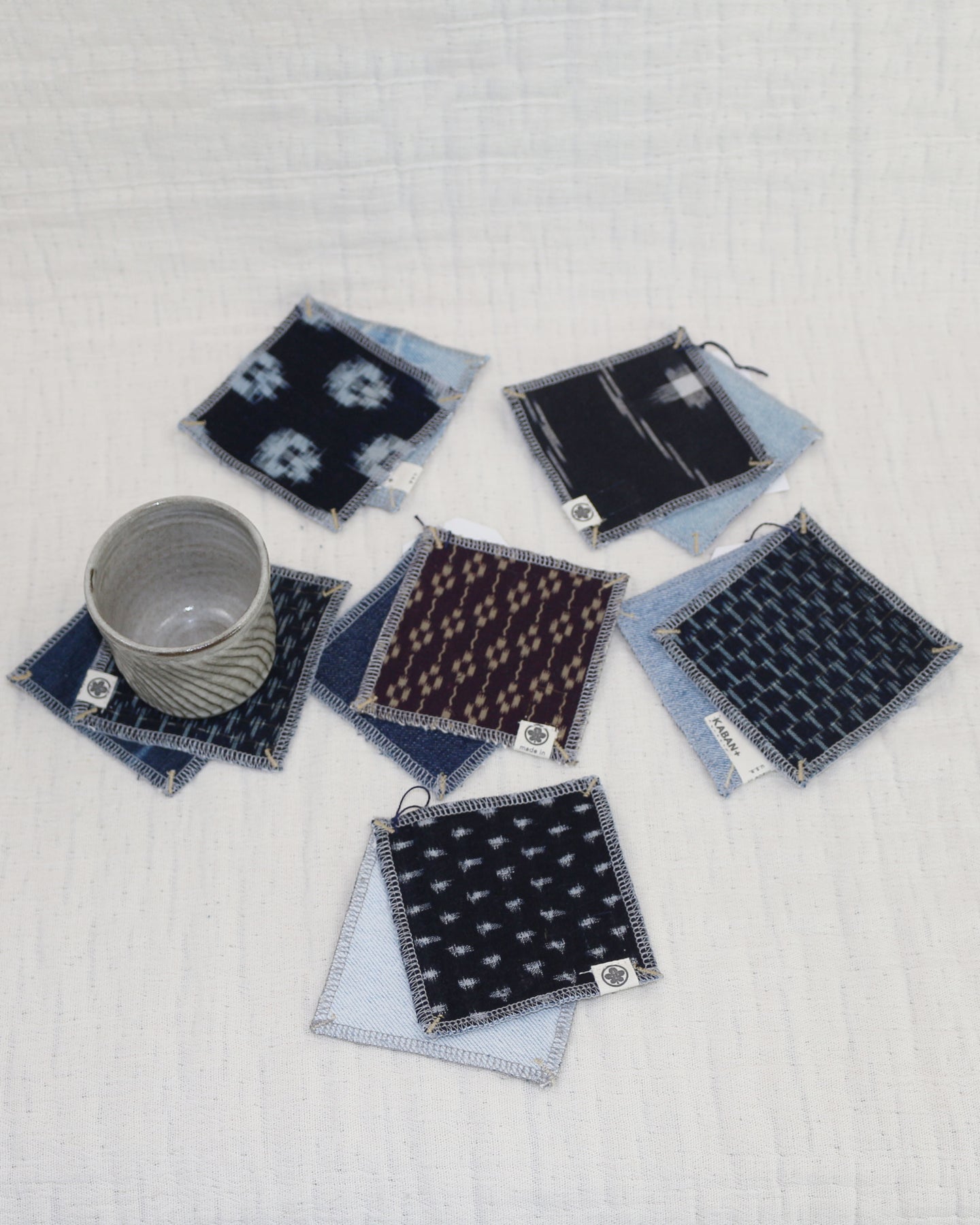 Japanese Ikat textile with Upcycled Denim Coasters-Set of 2🍵