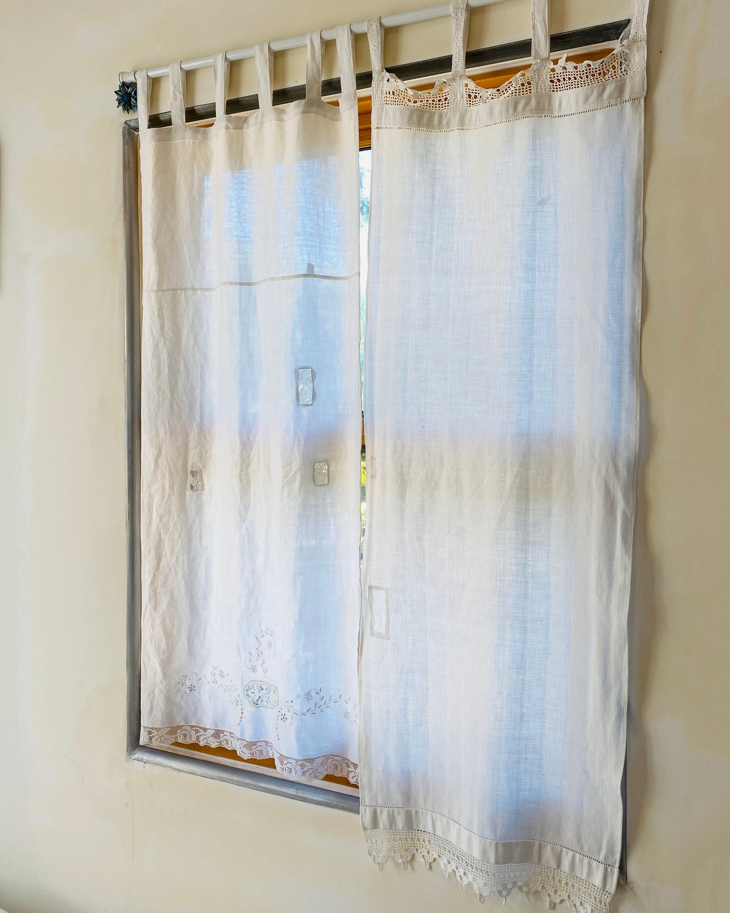 Window Panel- Repurposed from Vintage tablecloth